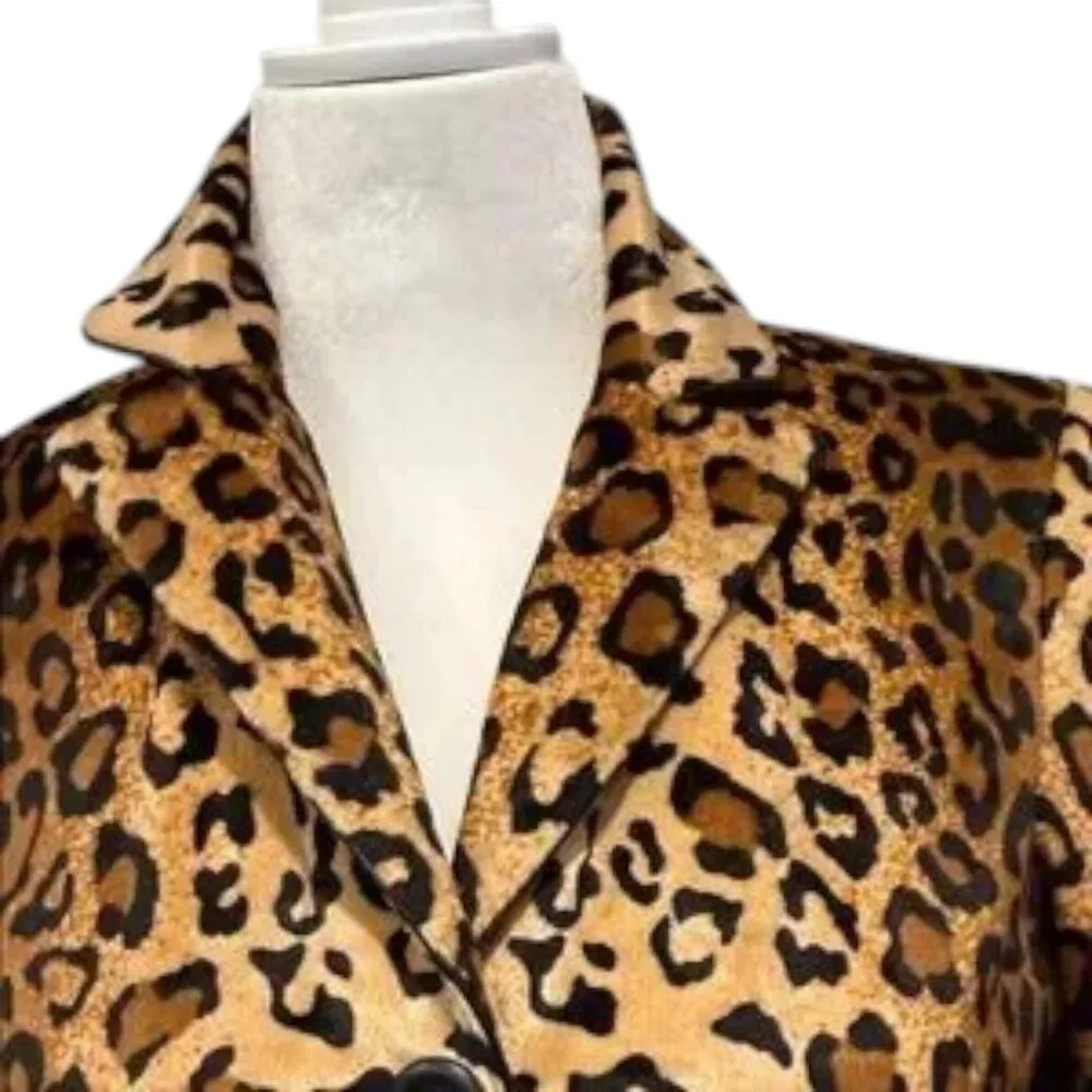 Leopard Print Blazer Petite 6P Brown Tan Velvet Feel Animal Print Chic